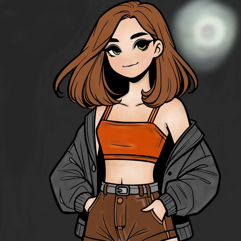 a realistic girl with a crop top and short shorts in an open jacket
