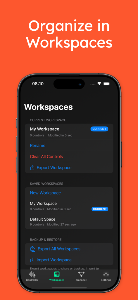 MIDI Controller PRO Wifi, USB - MIDI Controller PRO app screen for managing and organizing custom workspaces
