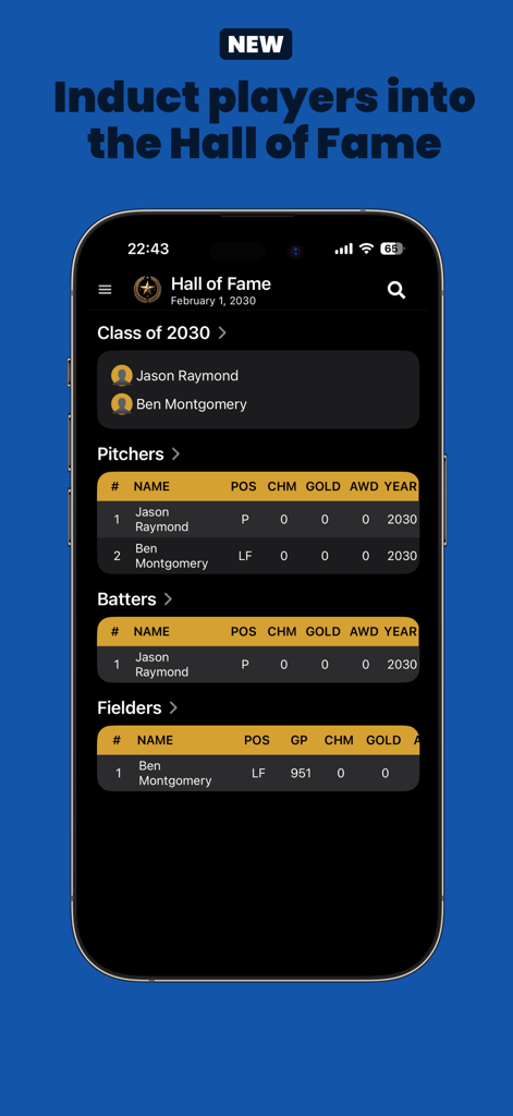 Baseball Legacy Manager 25 - Captura de tela do aplicativo Baseball Legacy Manager 25 exibindo o recurso Hall da Fama com as induções e estatísticas de jogadores da Classe de 2030.