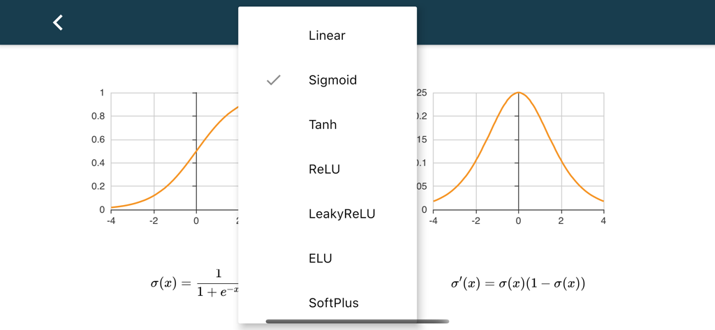 Neural network app displaying an activation functions menu with sigmoid graphs