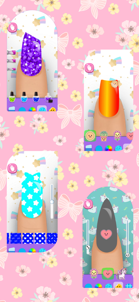 Girls Nail Salon: Paint,Polish - Diferentes estilos de arte de uñas, incluyendo purpurina y patrones, en la aplicación Girls Nail Salon