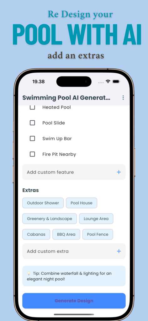 Smartphone screen showing the Swimming Pool AI Generator app interface with customization options for pool and landscape features