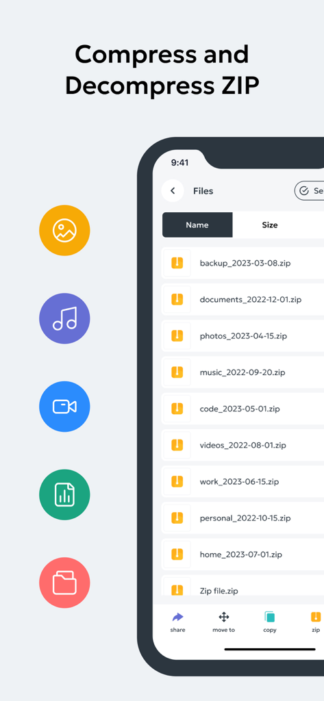 Zip & Unzip Files - Extractor - Pantalla de smartphone que muestra la aplicación Comprimir y Descomprimir Archivos - Extractor con una lista de archivos zip e iconos de categoría para fotos, música y videos