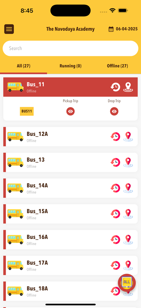 Navic By Nirals - Mobile app screen showing a list of school buses with tracking icons and status