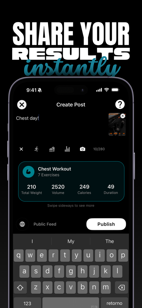 Fitfolio アプリの投稿作成画面のスクリーンショットで、ボリュームやカロリーなど、胸部ワークアウトの要約統計が表示されます。