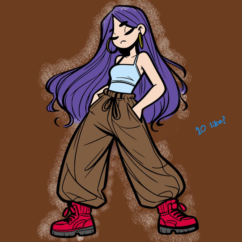 girl in baggy pants crop top and long hair