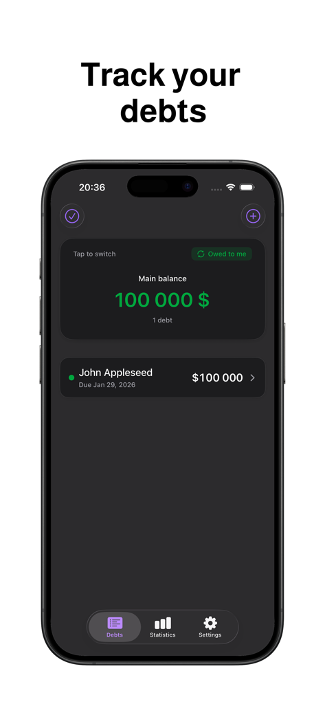 Debt Tracker – IOU & Loans - The Debtyy app main interface displaying a total debt balance and individual loan entries in a clean dark mode design.