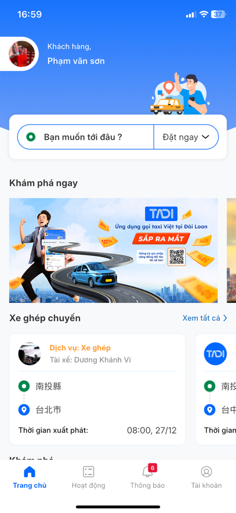 Home screen of the TaDi taxi booking app for Vietnamese people in Taiwan showing carpooling trip options