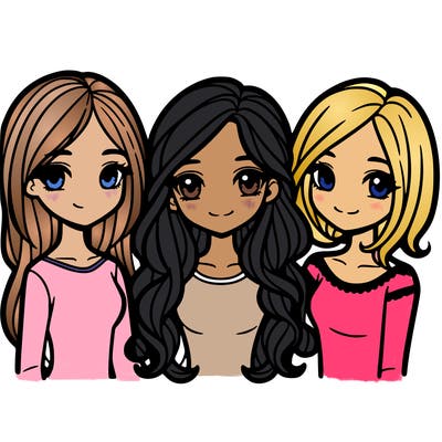 3 girls one has long hair and tow has short hair