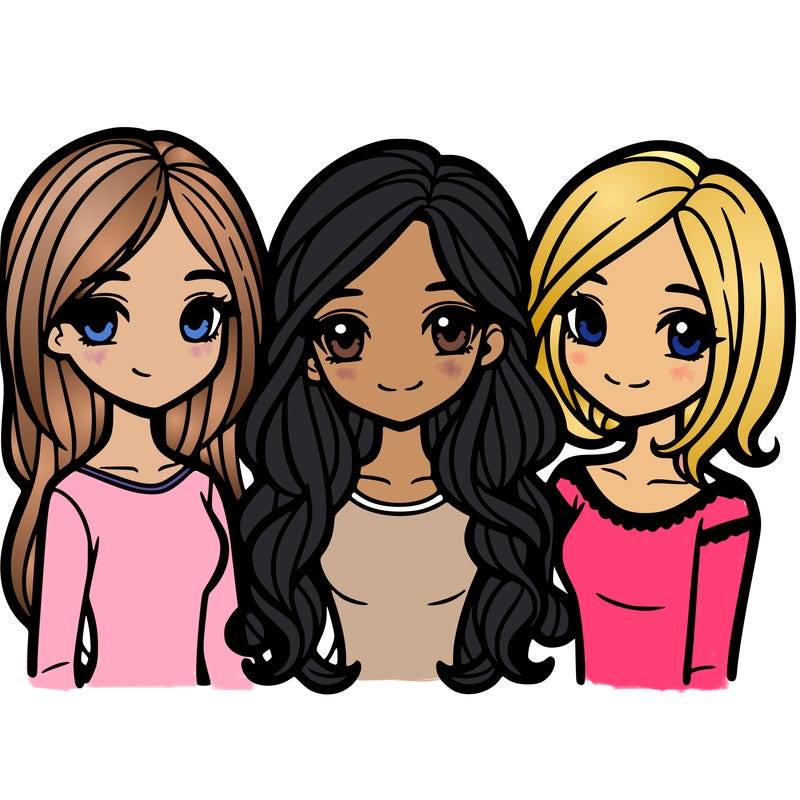 3 girls one has long hair and tow has short hair