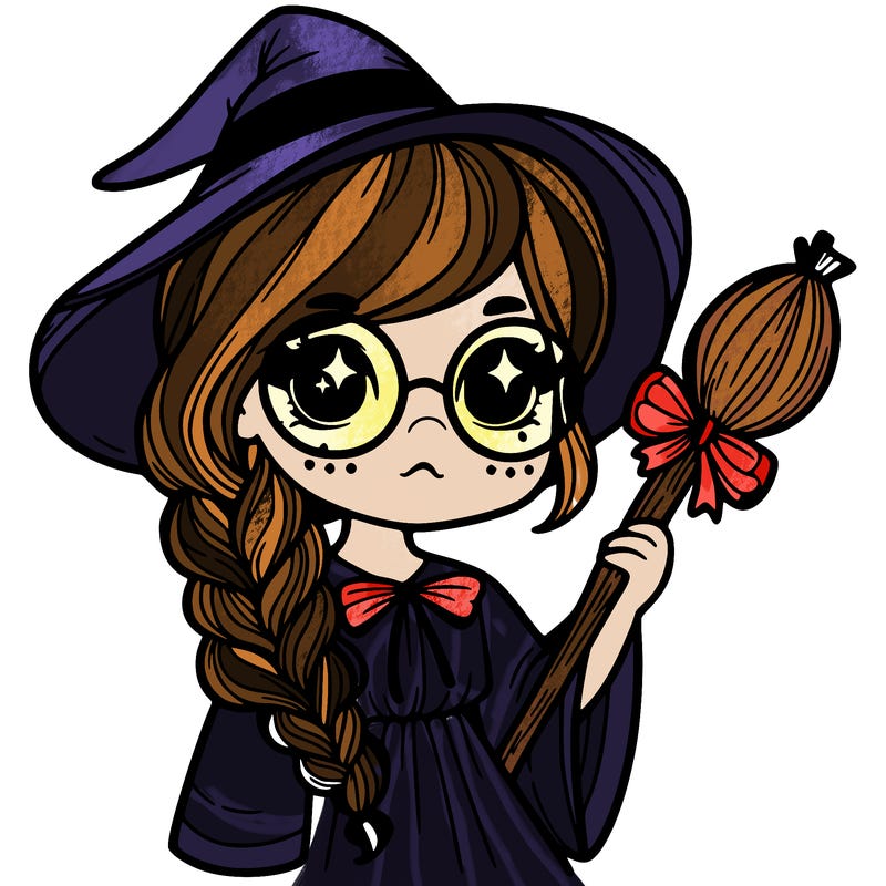 a witch with a braid and two glasses
