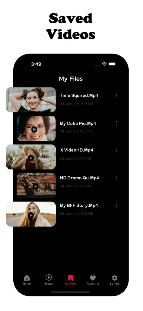 HD Video Downloader App - A list of saved HD videos in the My Files section of the downloader app.