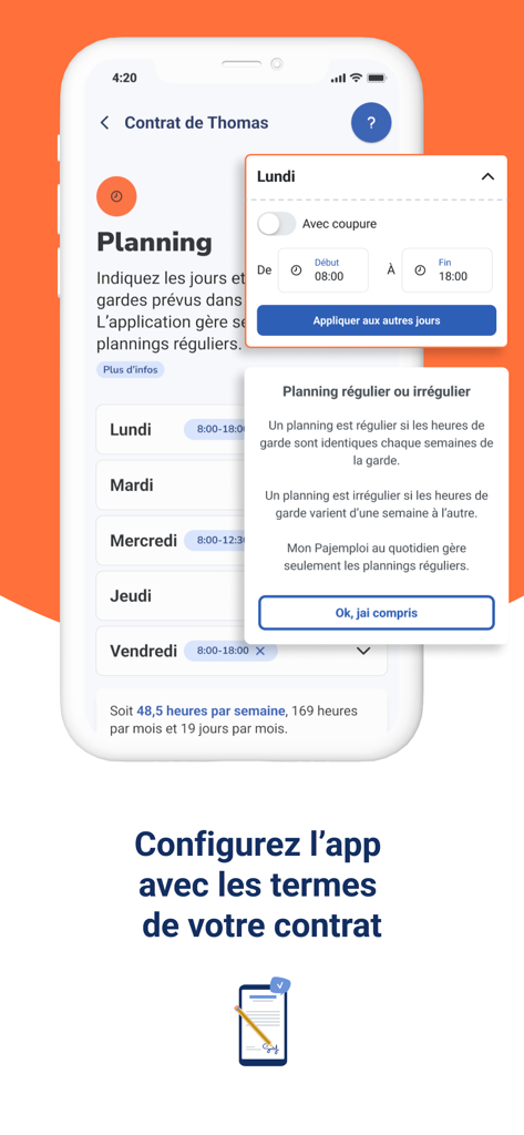 Interface of the Mon Pajemploi app showing weekly planning and childcare contract hours configuration