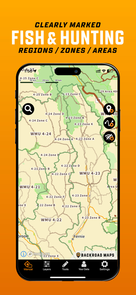 Interfaz de la aplicación móvil BRMB Maps mostrando unidades de manejo de caza y zonas regionales etiquetadas en un mapa topográfico.