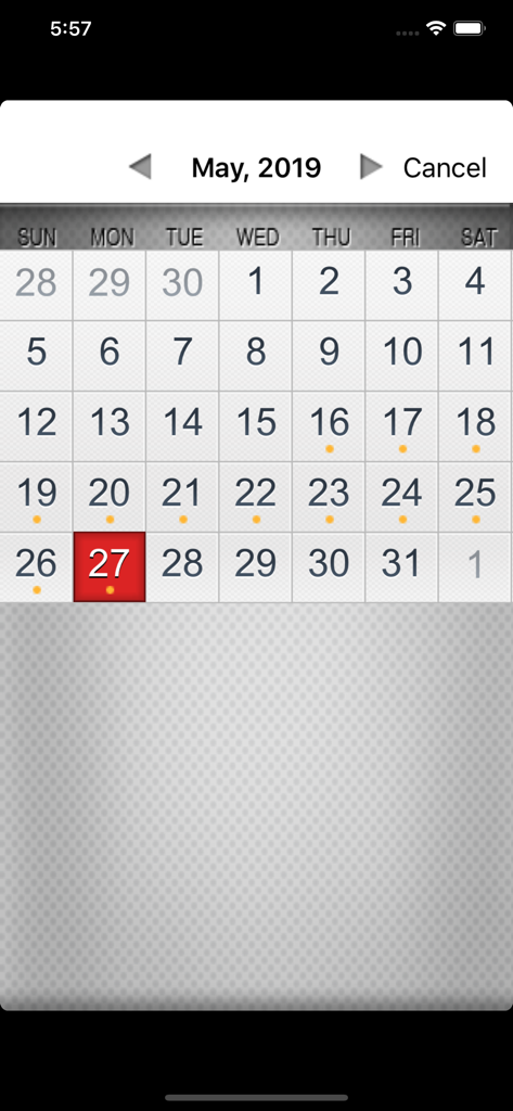 Mobile CMS Proアプリのカレンダーインターフェース。監視映像の再生日付を選択します。