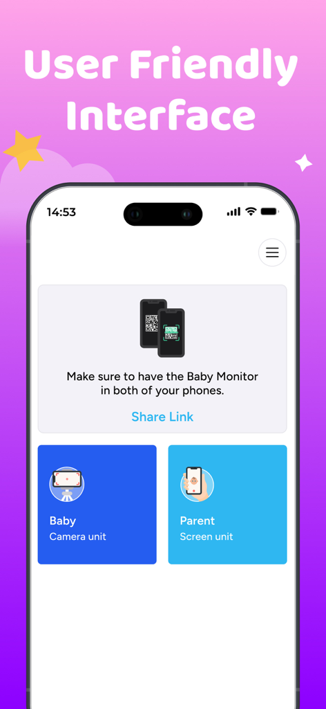 Schermata di configurazione intuitiva dell'app Baby Monitor che mostra le opzioni per unità Baby Camera e Parent Screen