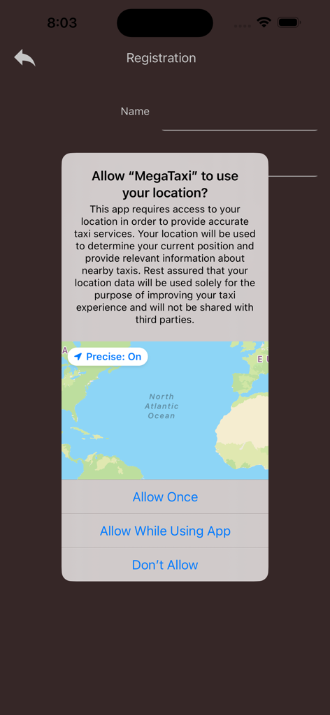 Profi Taxi Vrnjacka Banja - Diálogo de solicitud de acceso a la ubicación en la pantalla de registro de Profi Taxi Vrnjacka Banja