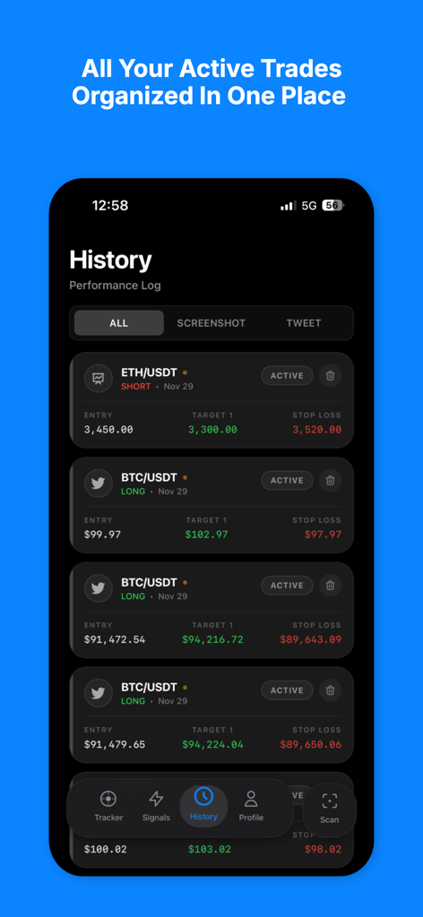 Traders AI- Charts & X Tracker - モバイルアプリ画面、ビットコインとイーサリアムのエントリーターゲットとストップロスレベルを持つアクティブな仮想通貨トレード履歴を表示