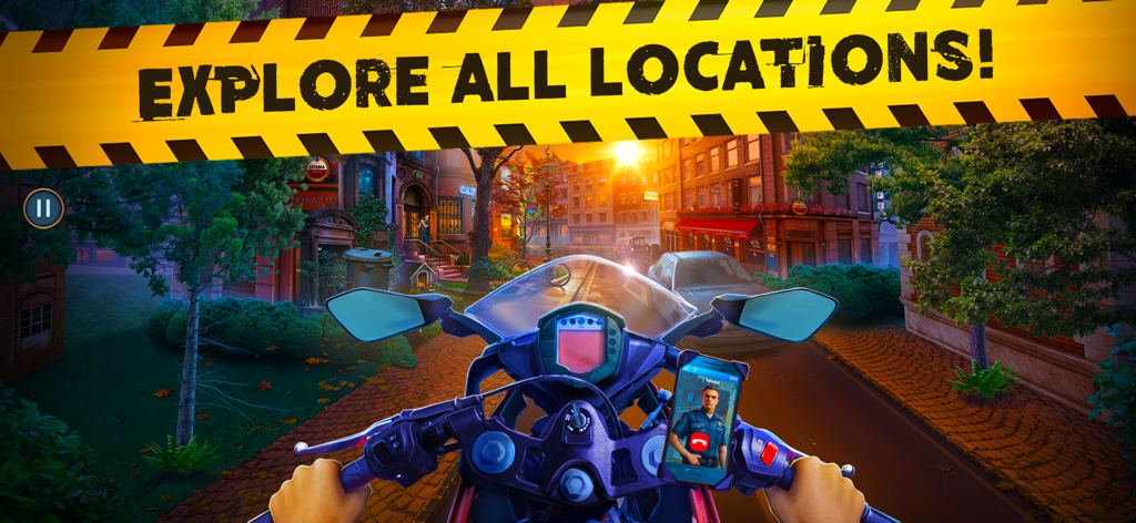 Hidden Objects: Deathly Trick - First-person view of a detective on a motorcycle in a city street exploring game locations