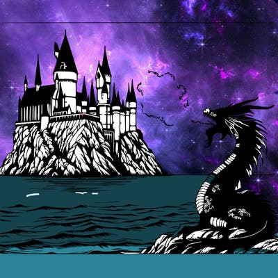 realistic harry potter castle around the ocean with a dragon breathing fire