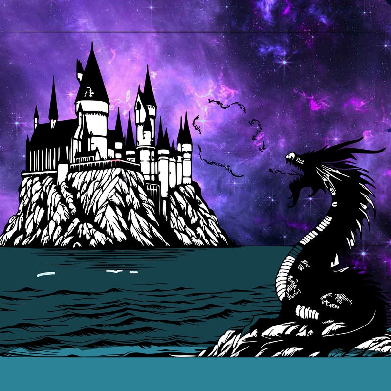 realistic harry potter castle around the ocean with a dragon breathing fire