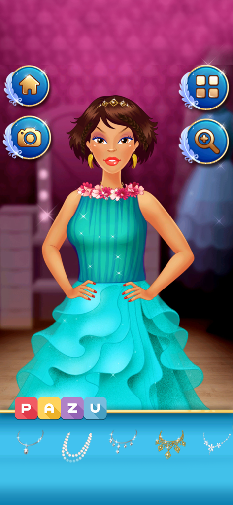 A character in a turquoise tiered gown selecting a necklace in the Makeup Girls Princess Prom game interface.