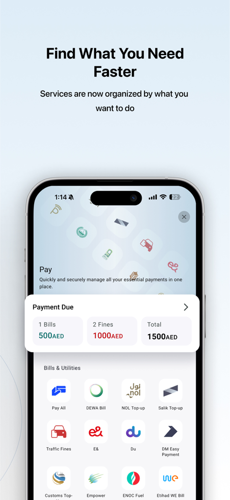 DubaiNow App-Oberfläche zeigt ein einheitliches Dashboard zur Bezahlung von Rechnungen und Verkehrsstrafen mit Symbolen für Versorgungsdienste.