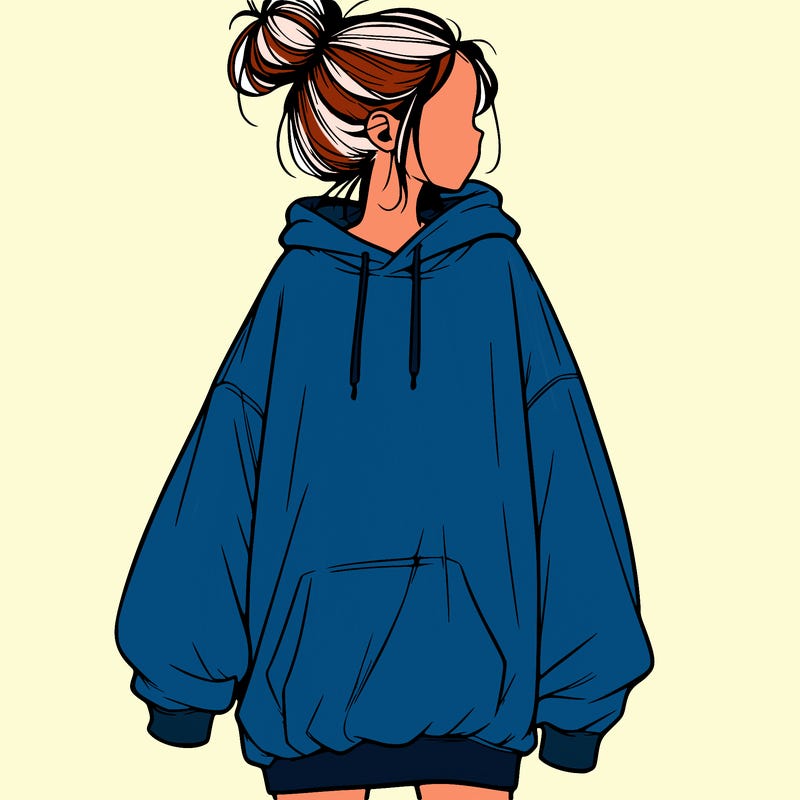 realistic girl with a oversized sweatshirt on and a bun