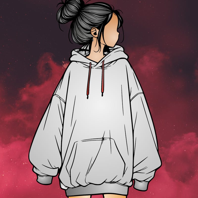 realistic girl with a oversized sweatshirt on and a bun