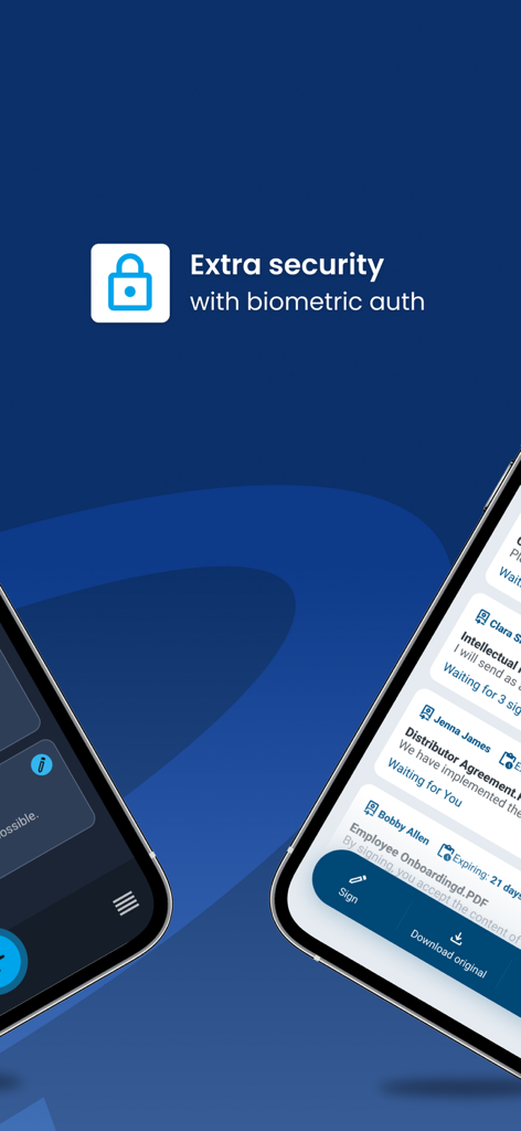 Netlock app screen showing biometric security authentication and a list of documents waiting for signature