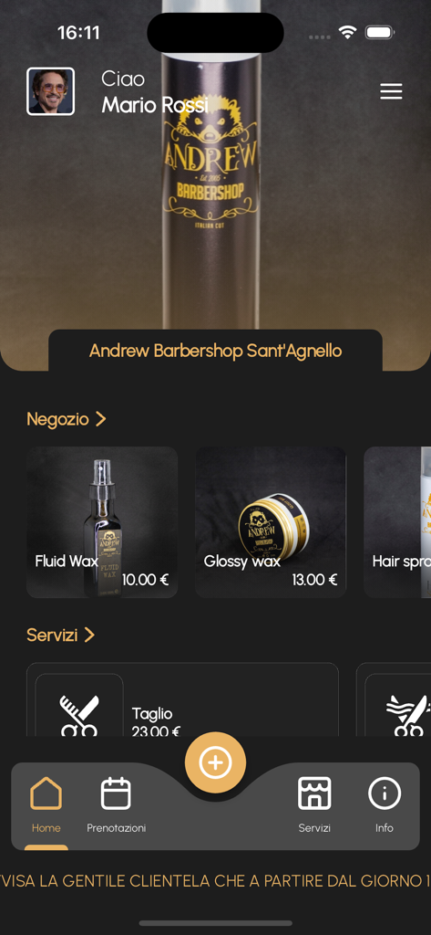 Startbildschirm der Andrew Barbershop App mit Pflegeprodukten wie Wachs und einer Liste verfügbarer Dienstleistungen