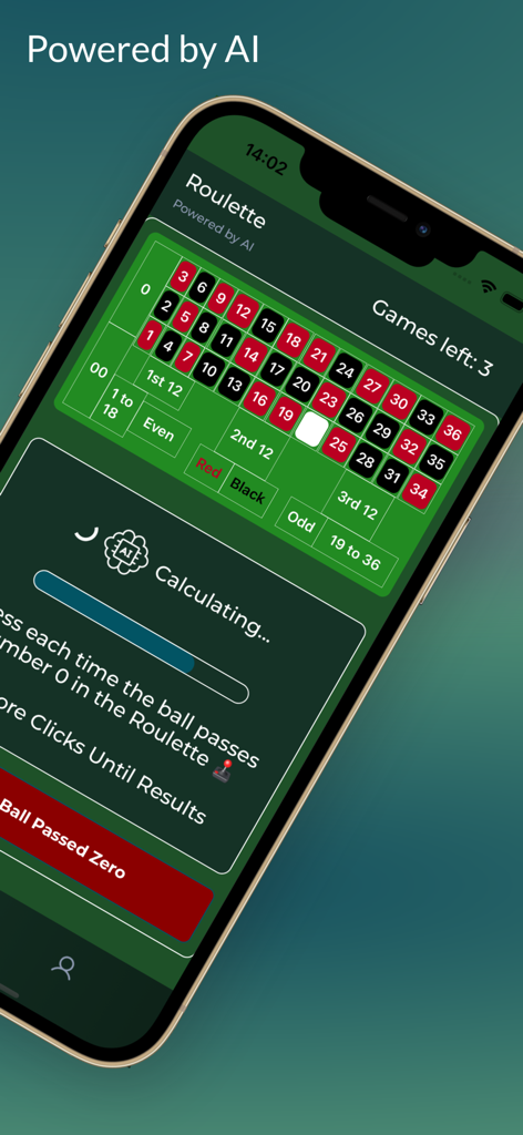 Roulette AI - Number Predictor - Screenshot of the Roulette AI app interface showing a digital roulette table and a real time physics based calculation progress bar
