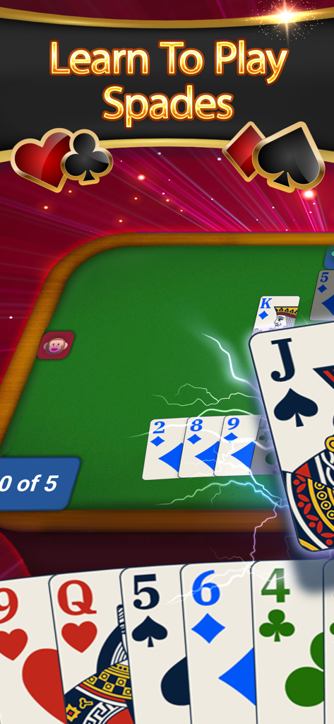 Una pantalla de juego móvil que muestra una mesa de cartas digital con el texto Aprende a Jugar Spades