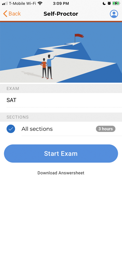 Revolution Prep - Tela do aplicativo móvel Revolution Prep para iniciar um exame prático SAT auto-proctorizado