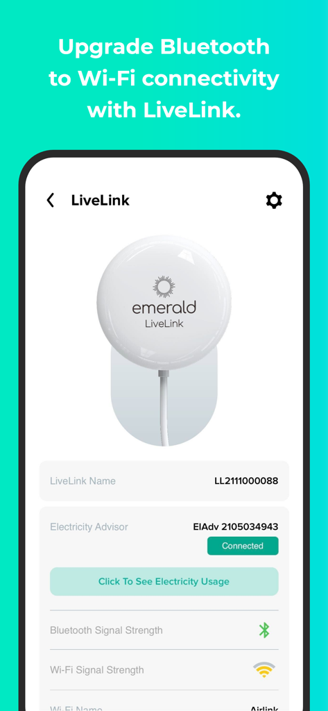 Emerald - Emerald App LiveLink-Bildschirm zeigt den Gerätekonnektivitätsstatus für die intelligente Energiesteuerung zu Hause.