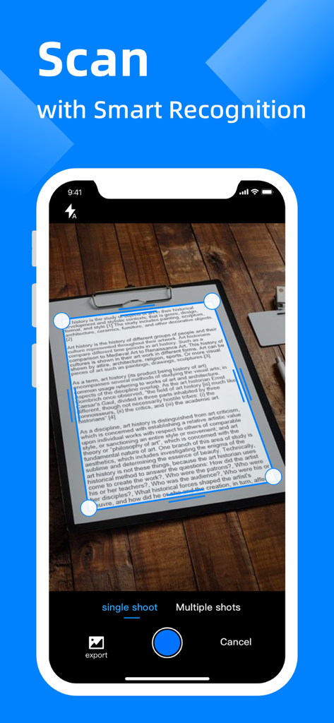 DR Scanner - PDF Scanner - Mobile phone screen showing the DR Scanner app using smart recognition to scan a document on a wooden table