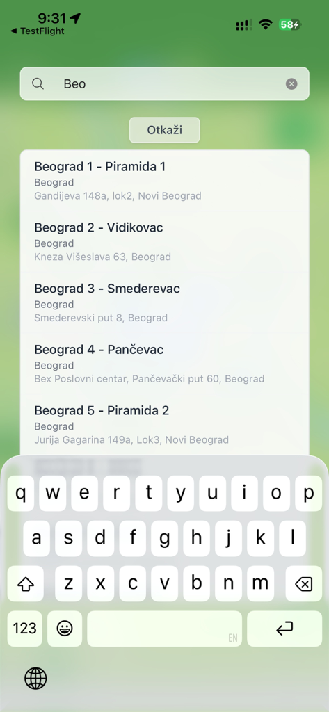 Bex Mobile - Bex Mobile app screenshot showing a search for parcel shop locations in Belgrade with a list of addresses and an on-screen keyboard.
