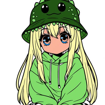girl with anime shaped eyes with a dinosaur bucket hat oversized sweatshirt long straight hair