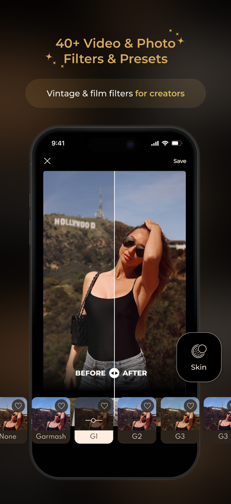 Before and after preview of a photo edited with cinematic filters in the Garmash app