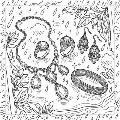 Dive into a luxurious coloring experience with this exquisite gold jewelry scene set against a tranquil rainy day. Adorn each piece with your favorite colors and bring this opulent and calming illustration to life.