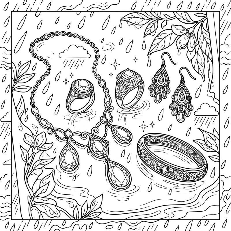Dive into a luxurious coloring experience with this exquisite gold jewelry scene set against a tranquil rainy day. Adorn each piece with your favorite colors and bring this opulent and calming illustration to life.