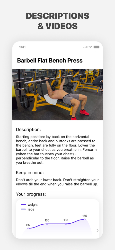 Fitness app screen showing barbell flat bench press instructions and weight progress chart