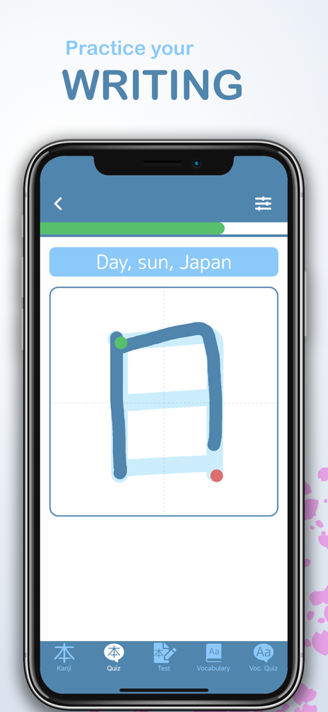 Kanji GO – Learn Japanese - Un smartphone montrant un écran d'entraînement à l'écriture de Kanji japonais pour le caractère signifiant jour et soleil dans l'application Kanji GO.