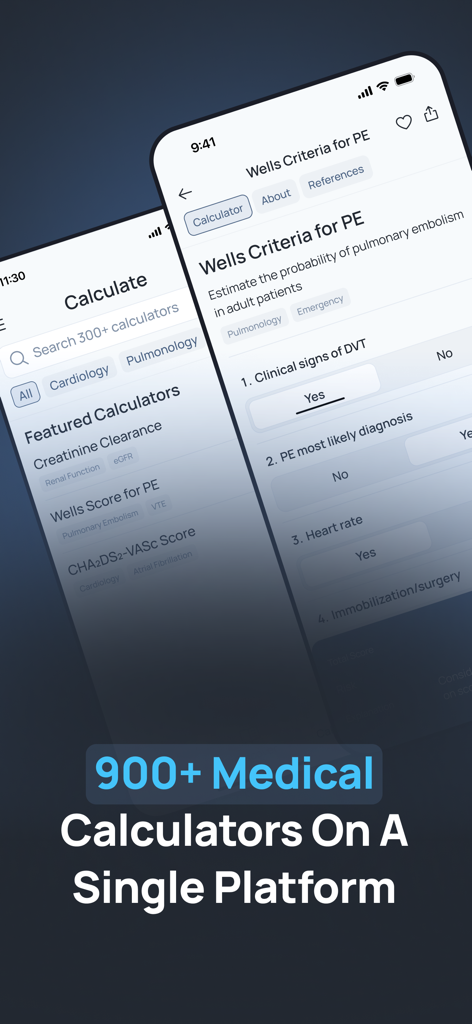 Vera—Medical AI for Clinicians - Screenshot of Vera app showing medical calculators including Wells Criteria for PE on a mobile interface