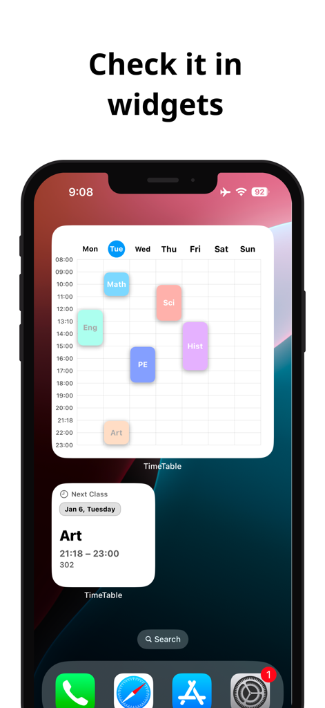 Simple Timetable - Schermata Home di un iPhone che mostra un widget del programma settimanale e un widget della prossima lezione con etichette colorate