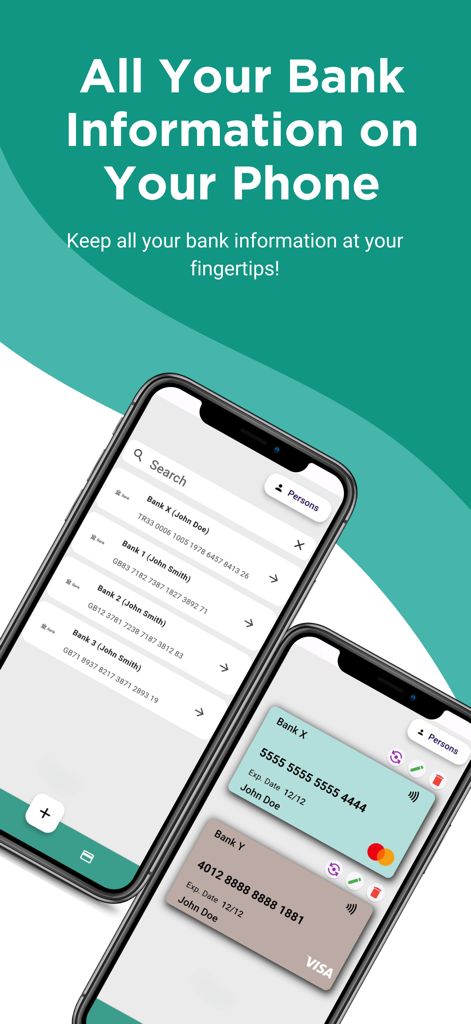 IBAN & Card - Two smartphones displaying a list of stored bank accounts with IBANs and virtual credit cards on a teal background
