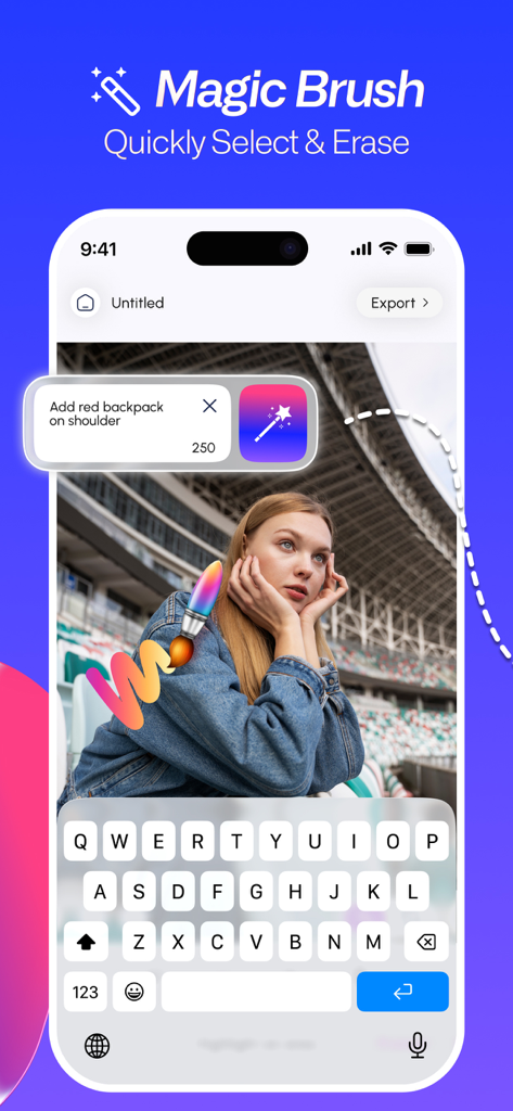 Repik - AI Photo Retouch & Fix - Repik app interface showing the Magic Brush feature used to add a red backpack to a photo via a text prompt