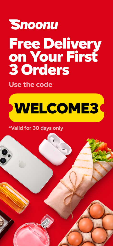 Snoonu app advertisement offering free delivery on the first three orders using promo code WELCOME3