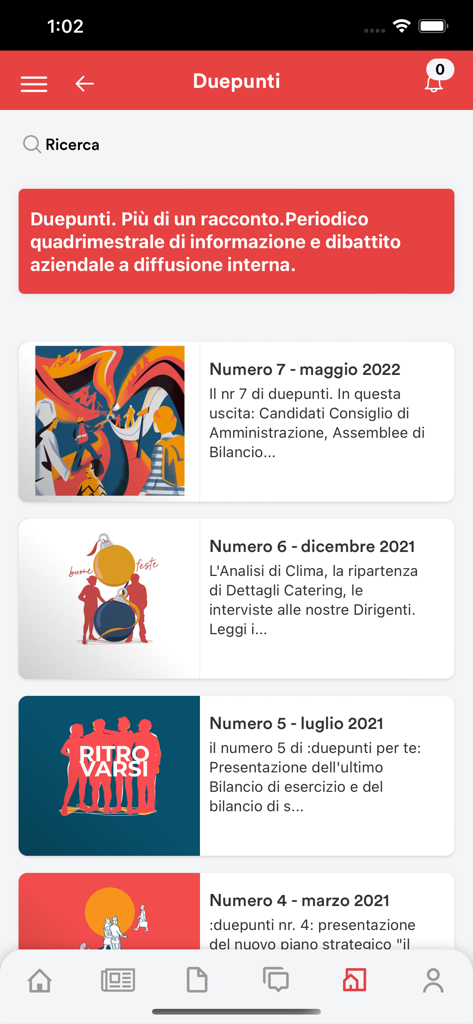 Camst People - A screen from the Camst People app showing a list of internal company newsletters titled Duepunti with various monthly editions.