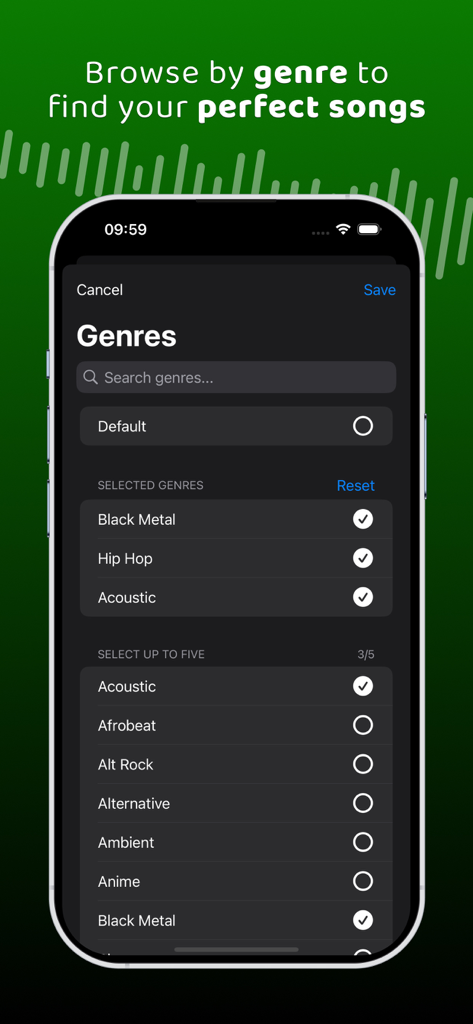 Musify - Discover New Music - Musify app screen showing a list of music genres to filter song discoveries